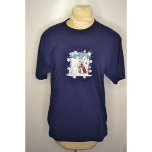 Christmas Women's Large Blue Short Sleeve Snow Graphic Design T-Shirt